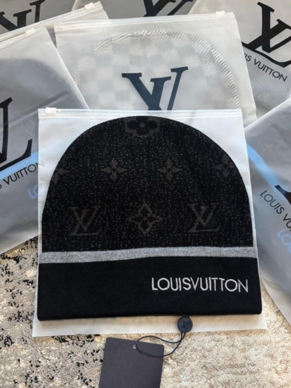 Louis Vuitton Black & Silver Monogram Knit Beanie